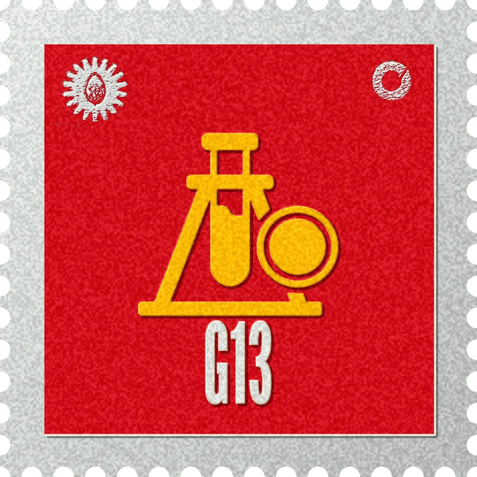 G13 stamp, No. 75 in the Official Cannabis collection: a test tube and a seal on red