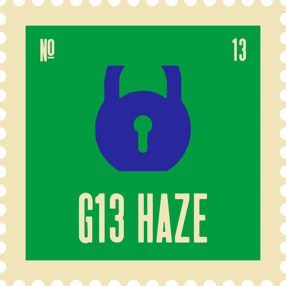 G13 Haze stamp, No. 13 in the Official Cannabis collection: an indigo padlock on green